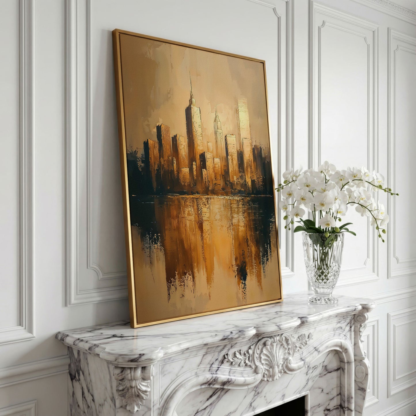 Golden Skyline Reflection Cityscape Canvas in yellow gold floating frame