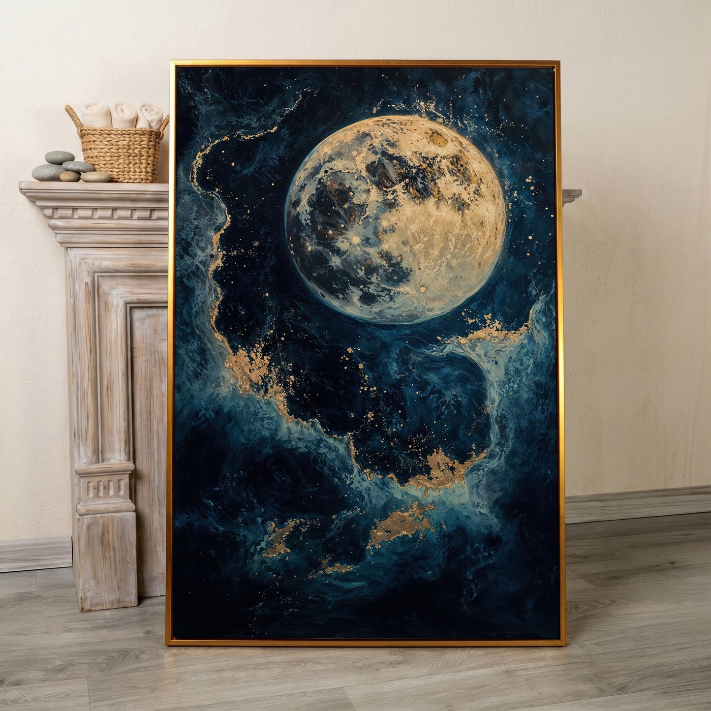 Celestial Blue and Gold Moon Canvas Print in antique gold floating frame