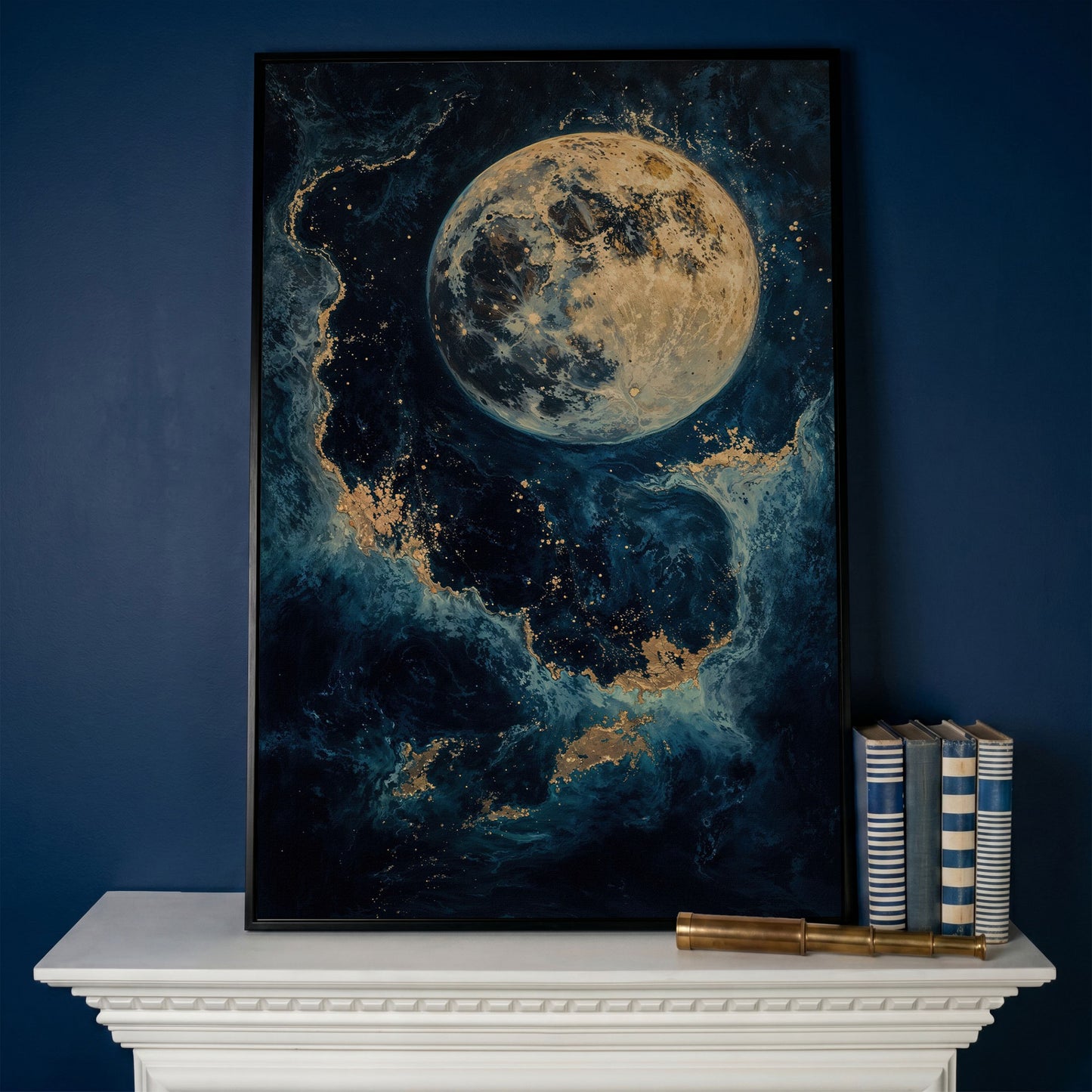 Celestial Blue and Gold Moon Canvas Print in black floating frame