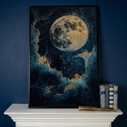 Celestial Blue and Gold Moon Canvas Print in black floating frame