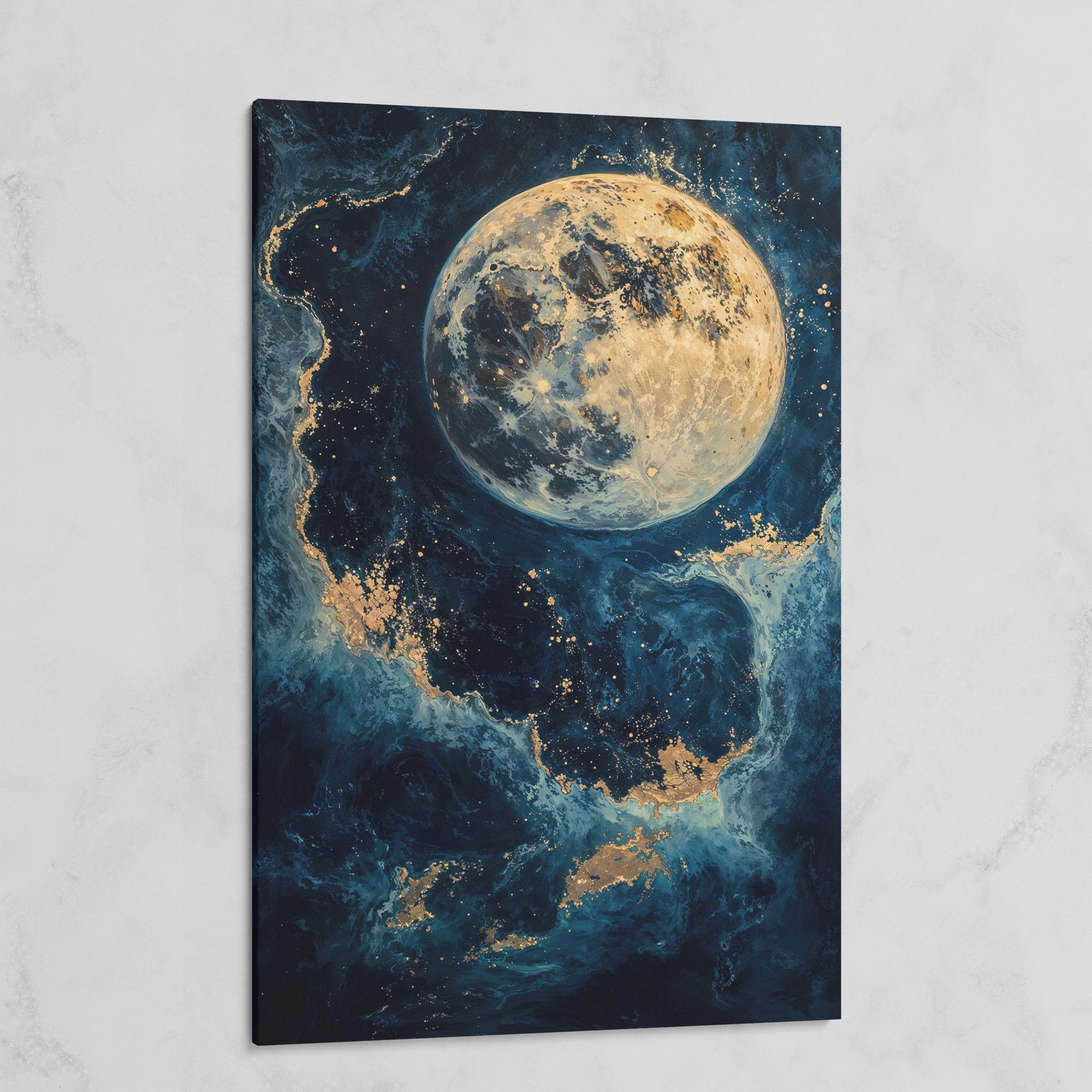 Celestial Blue and Gold Moon Canvas Print on gallery wrap