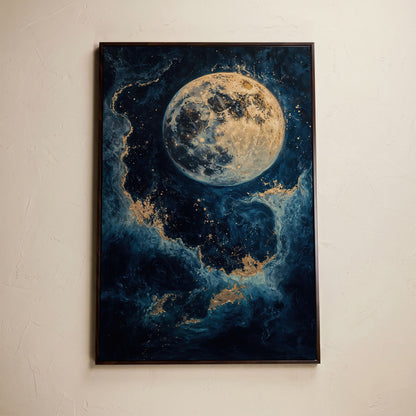 Celestial Blue and Gold Moon Canvas Print in dark walnut floating frame