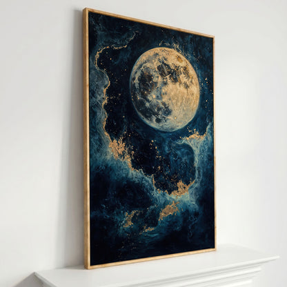 Celestial Blue and Gold Moon Canvas Print in white oak floating frame