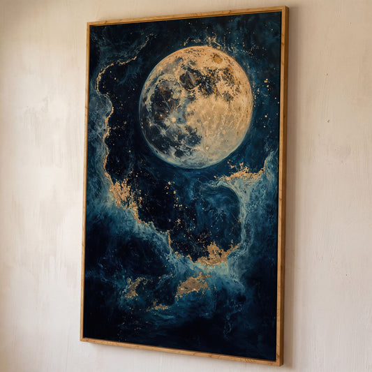 Celestial Blue and Gold Moon Canvas Print shown in white oak floating frame