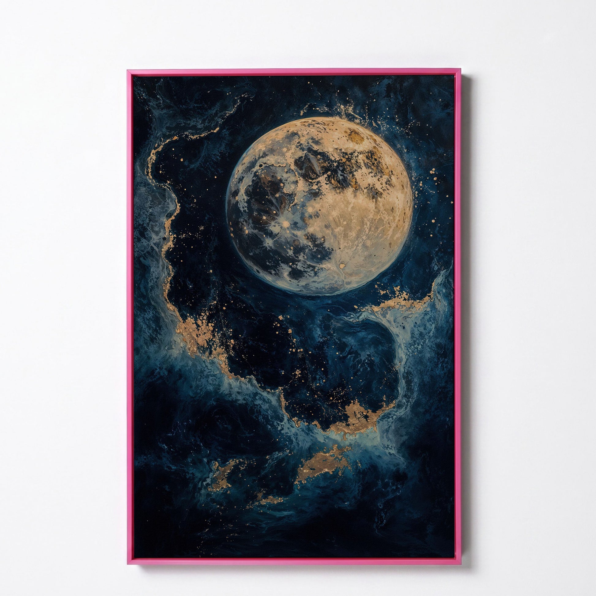 Celestial Blue and Gold Moon Canvas Print in pink floating frame