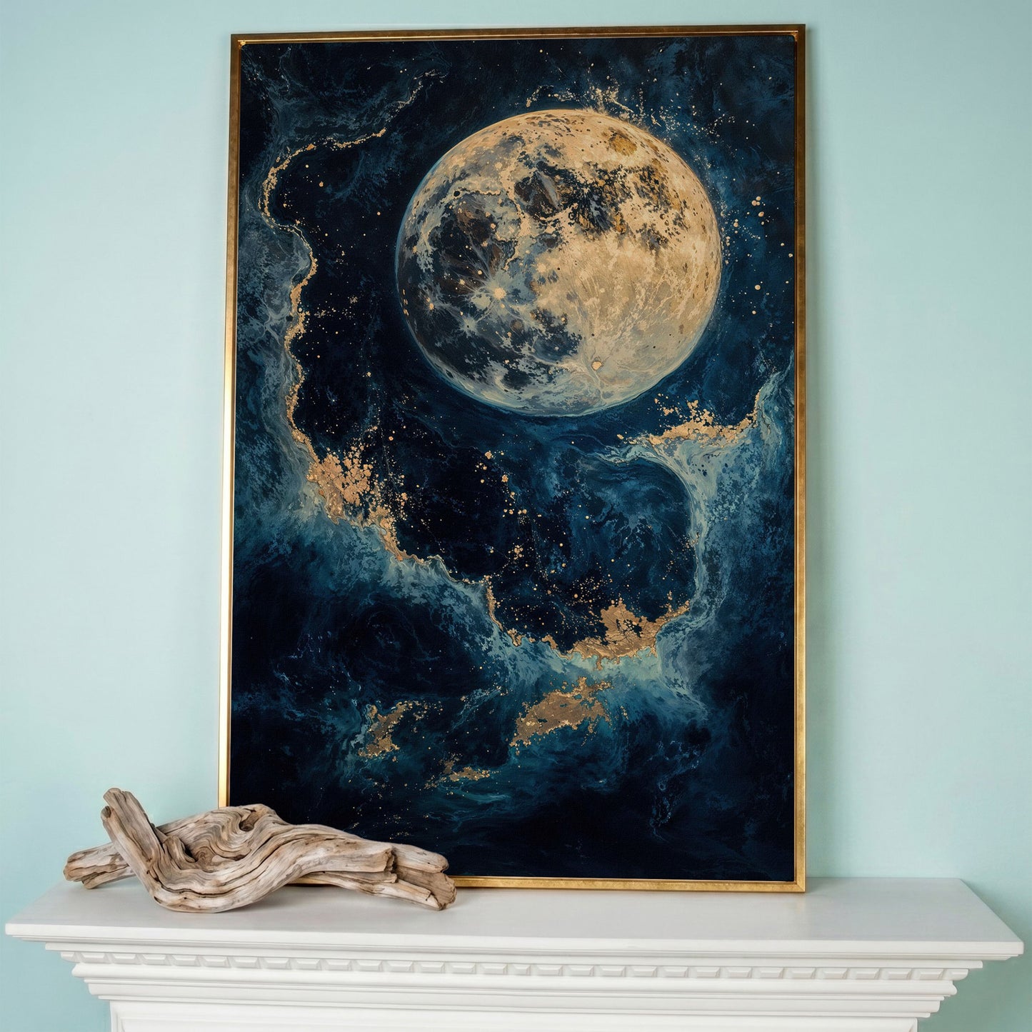 Celestial Blue and Gold Moon Canvas Print in rose gold floating frame