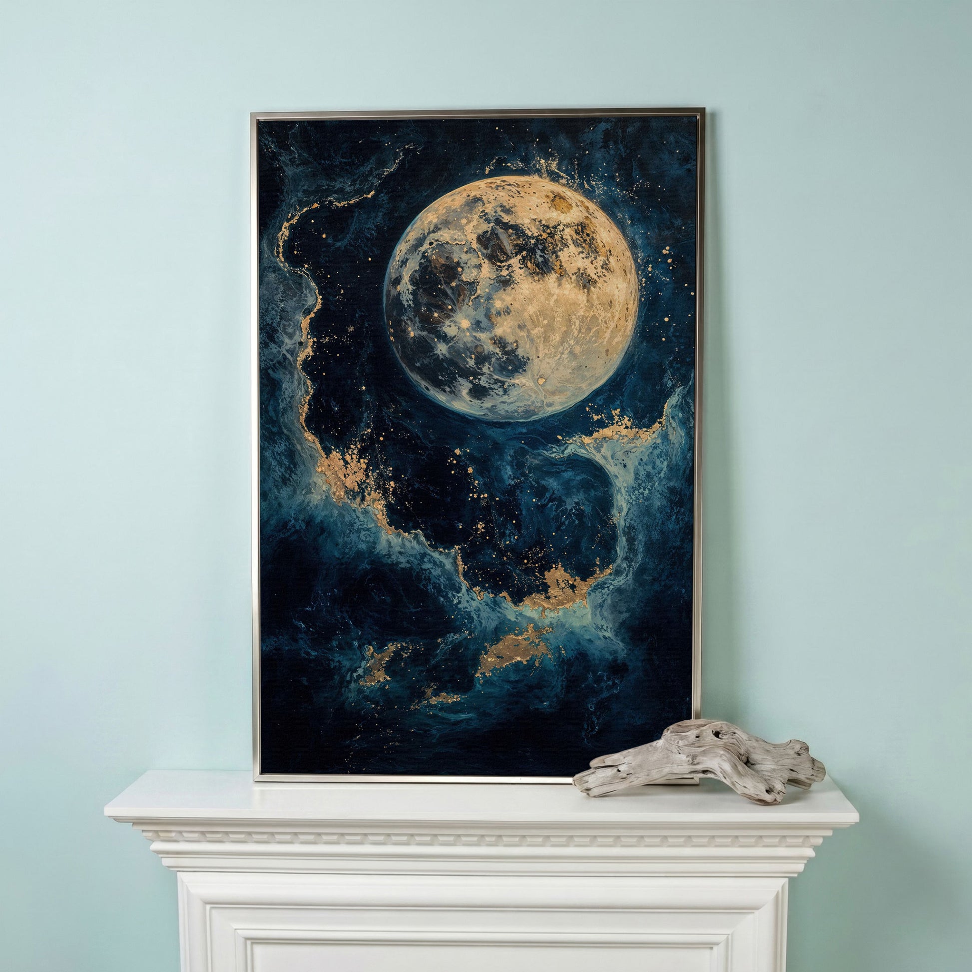 Celestial Blue and Gold Moon Canvas Print in silver floating frame