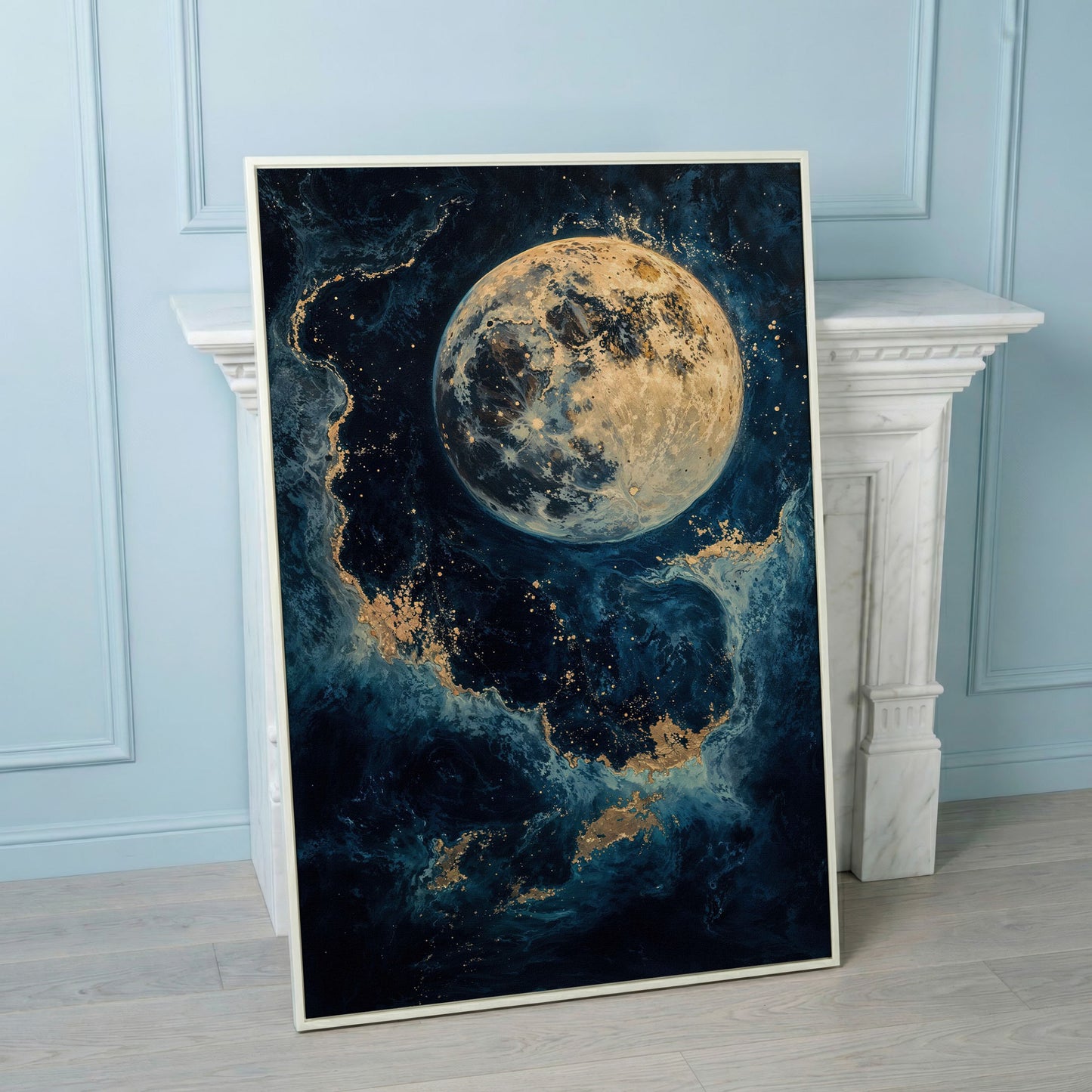Celestial Blue and Gold Moon Canvas Print in white floating frame