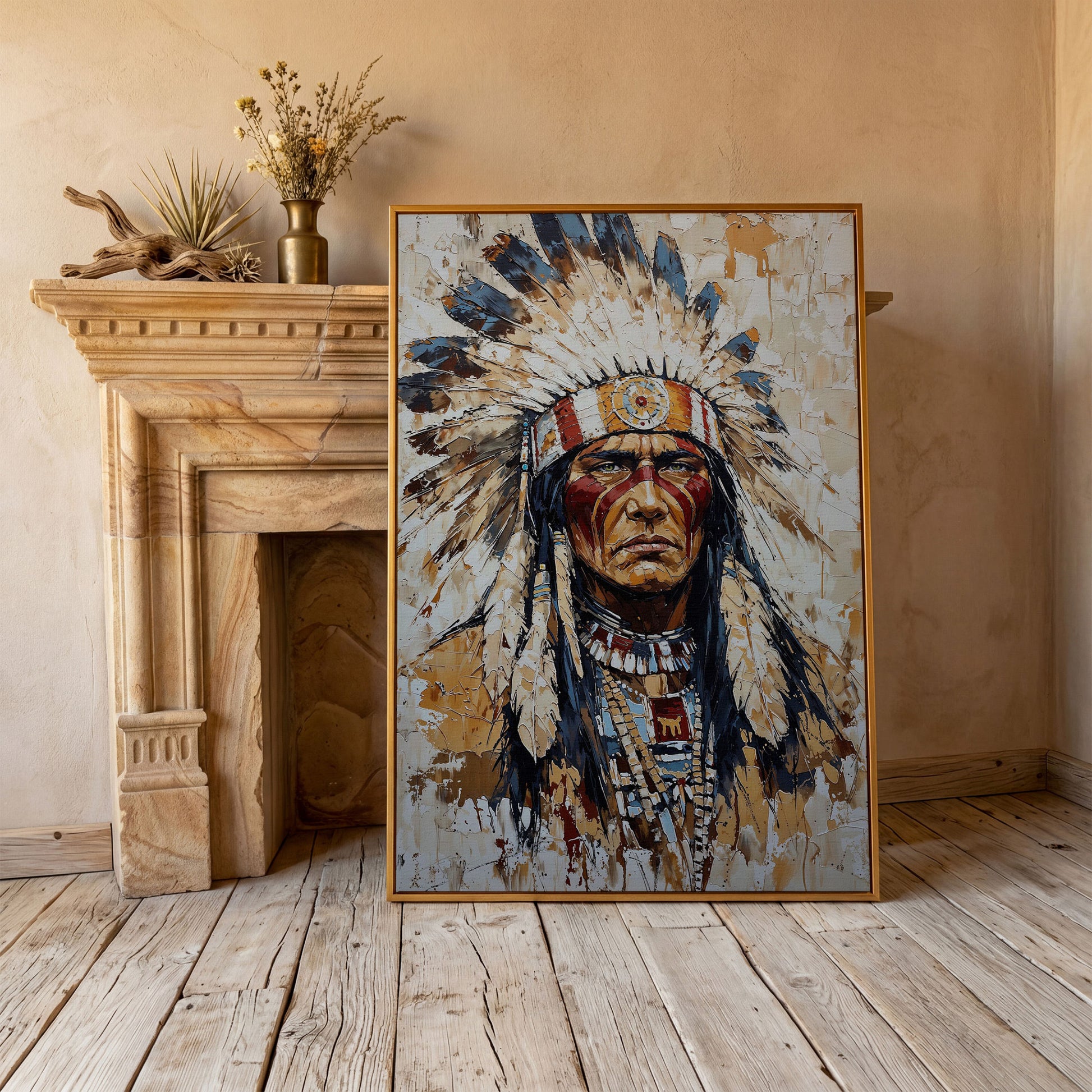 Indigenous Warrior with Feather Headdress Canvas in antique gold floating frame