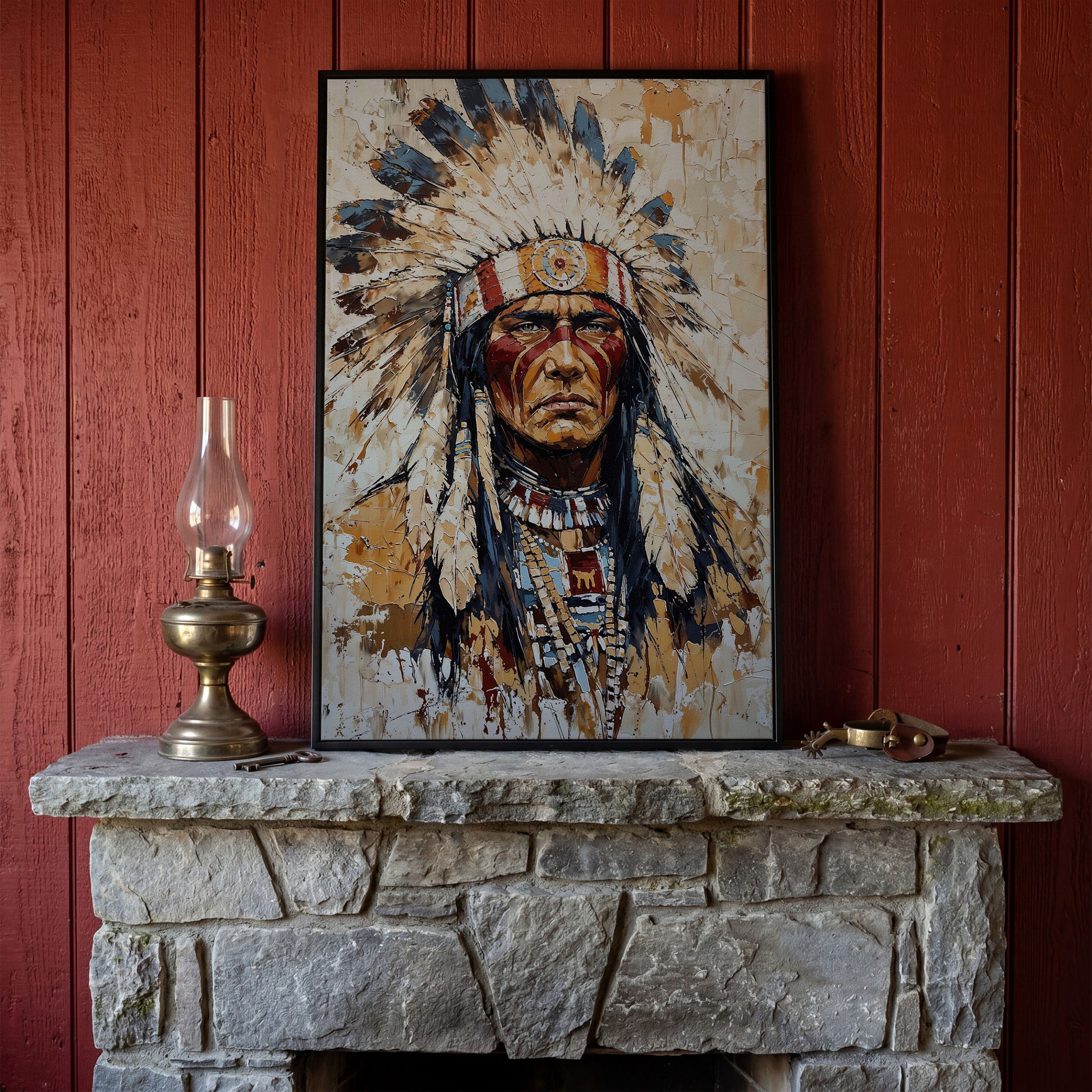 Indigenous Warrior with Feather Headdress Canvas in black floating frame