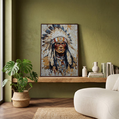 Indigenous Warrior with Feather Headdress Canvas in dark walnut floating frame