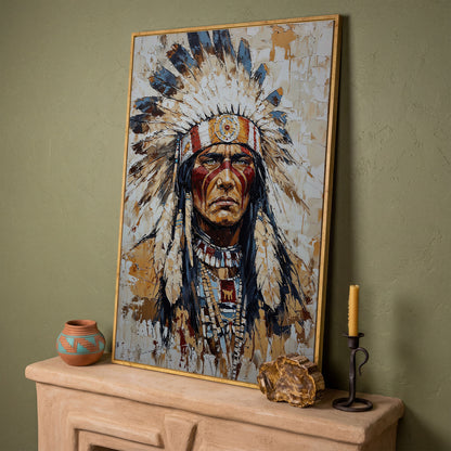 Indigenous Warrior with Feather Headdress Canvas in white oak floating frame