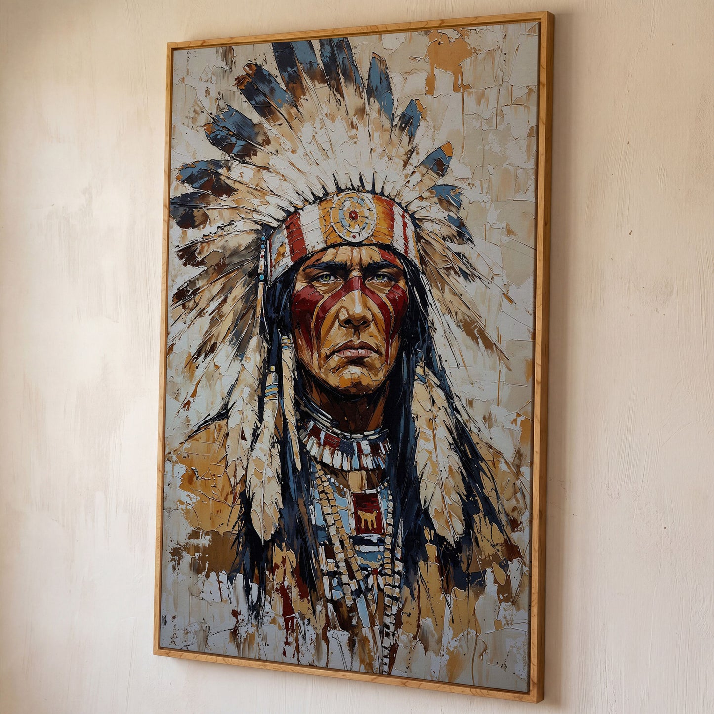 Indigenous Warrior with Feather Headdress Canvas shown in white oak floating frame