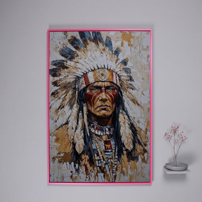 Indigenous Warrior with Feather Headdress Canvas in pink floating frame