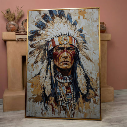 Indigenous Warrior with Feather Headdress Canvas in rose gold floating frame