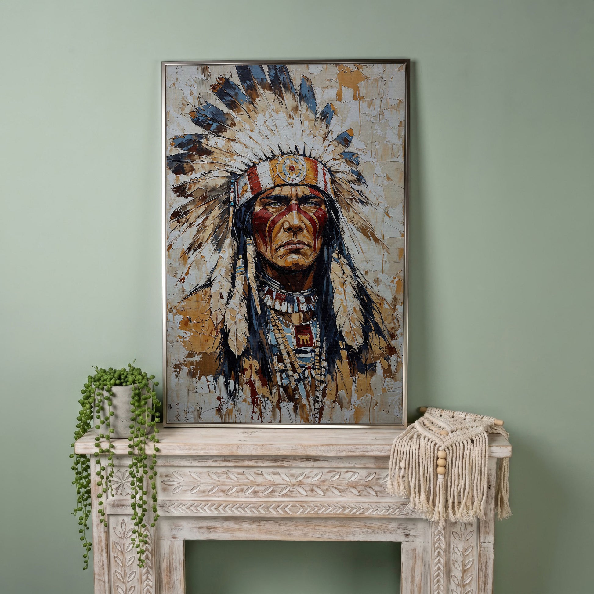 Indigenous Warrior with Feather Headdress Canvas in silver floating frame