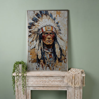 Indigenous Warrior with Feather Headdress Canvas in silver floating frame