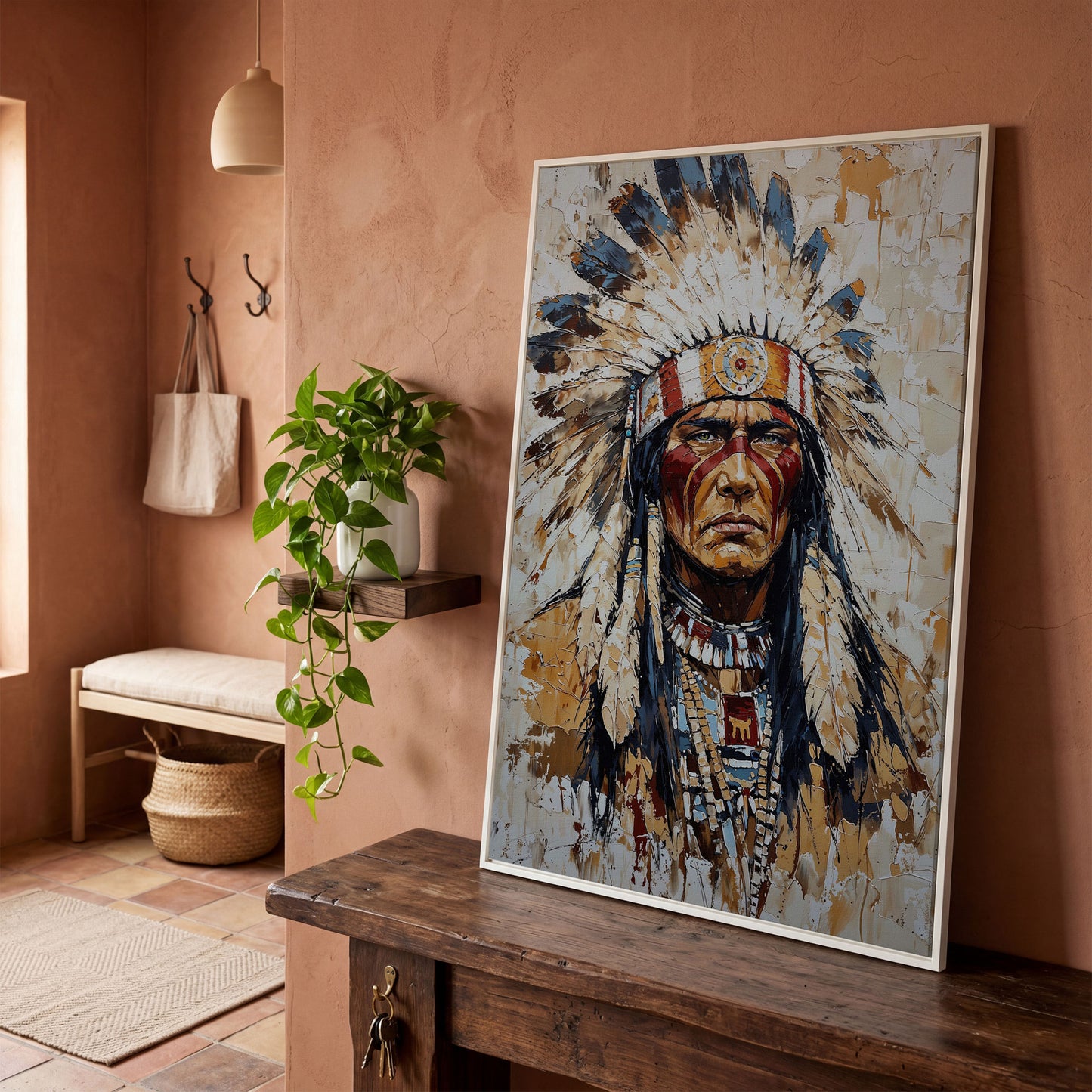 Indigenous Warrior with Feather Headdress Canvas in white floating frame
