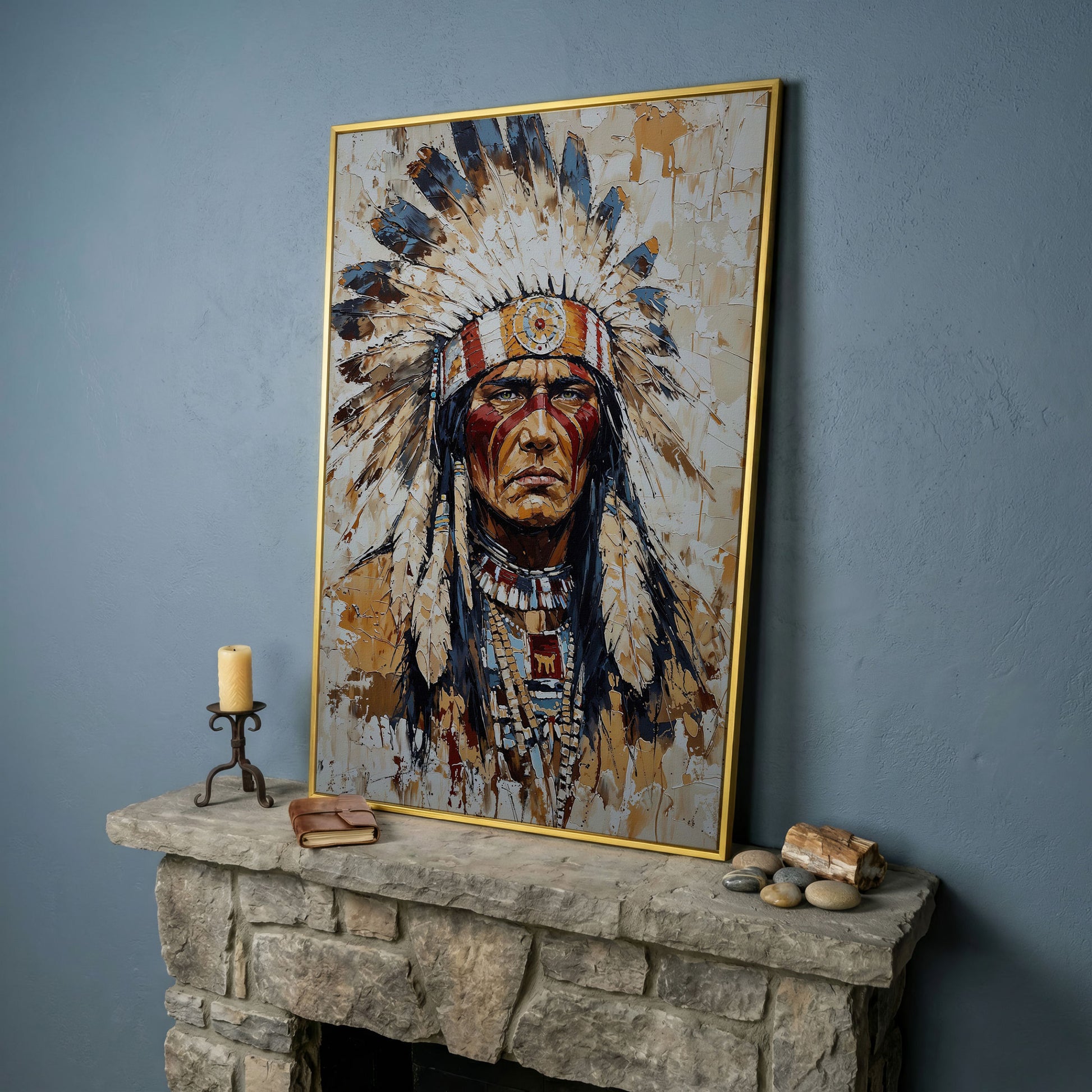 Indigenous Warrior with Feather Headdress Canvas in yellow gold floating frame