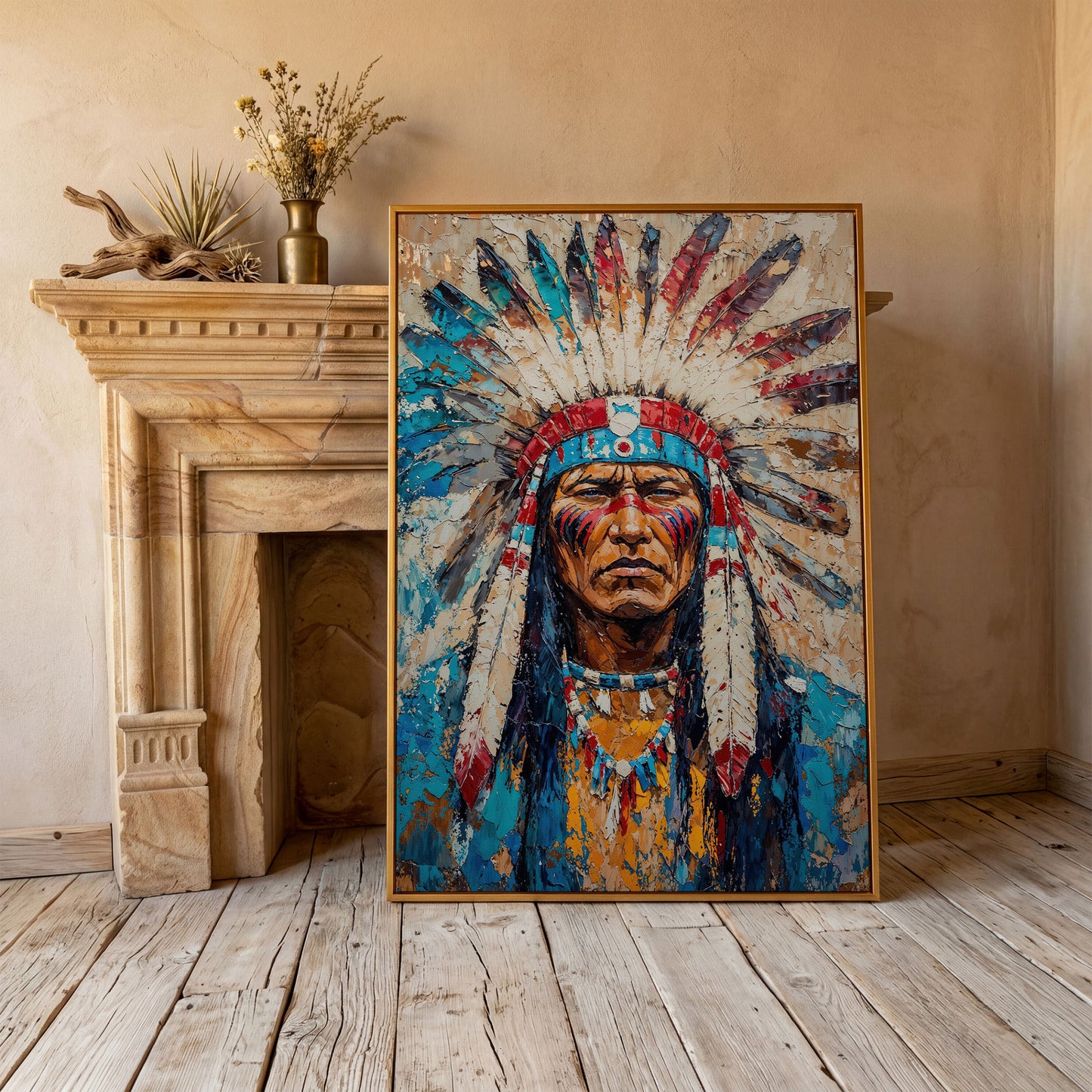 Native American Chief Portrait Canvas in Turquoise & Ochre in antique gold floating frame