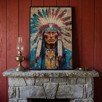 Native American Chief Portrait Canvas in Turquoise & Ochre in black floating frame