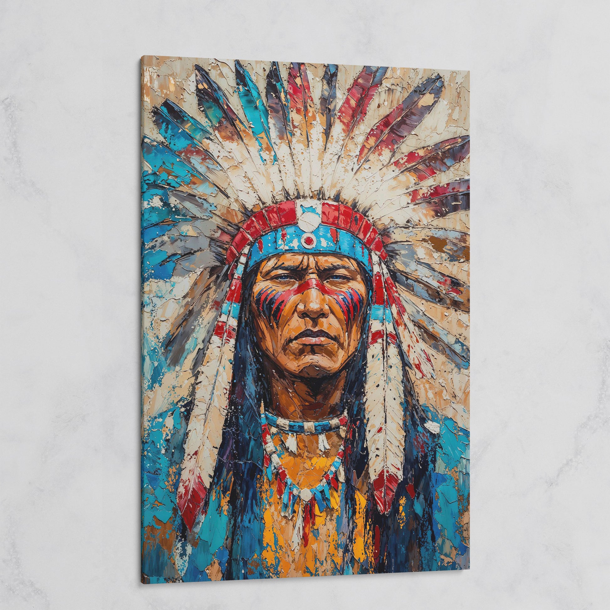 Native American Chief Portrait Canvas in Turquoise & Ochre on gallery wrap