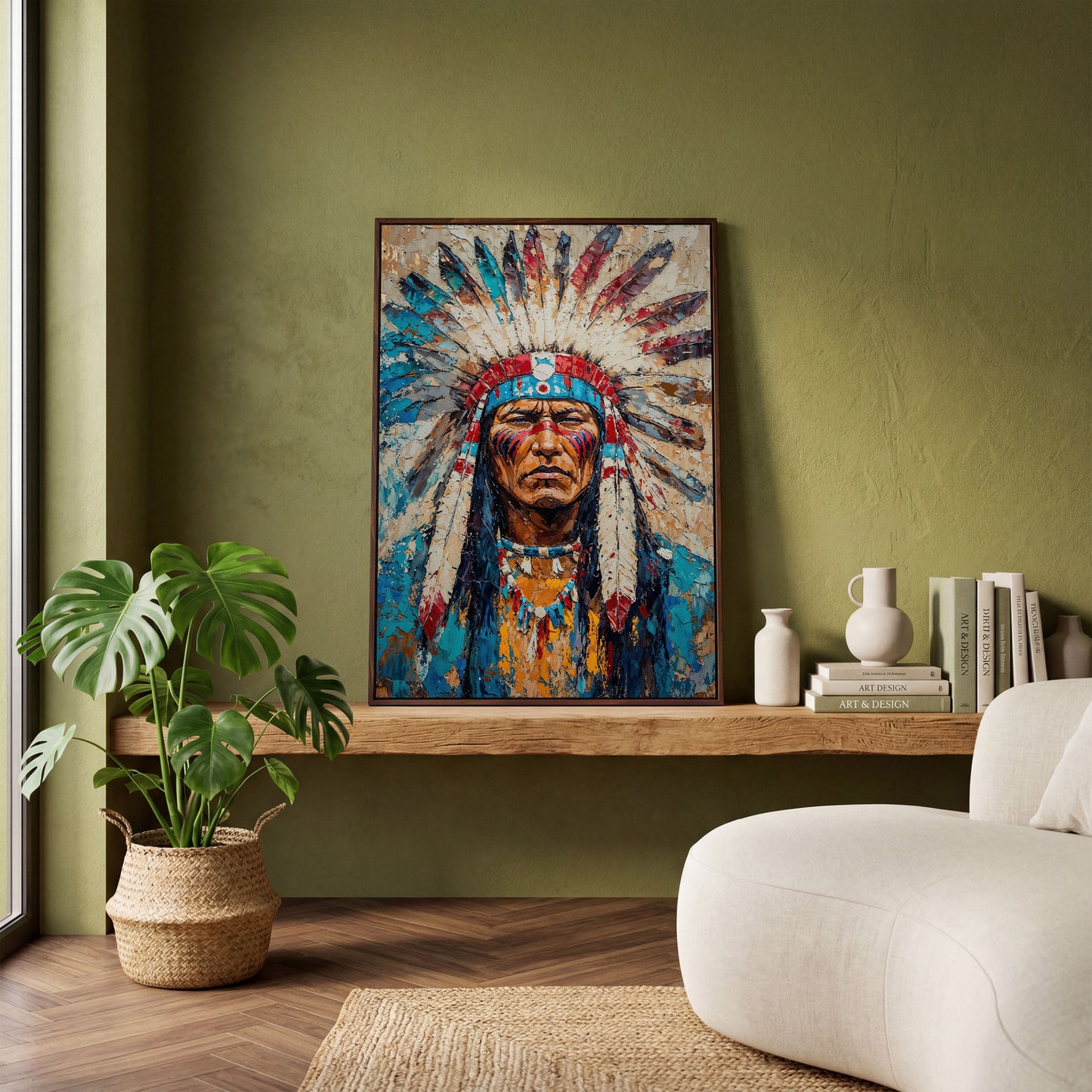 Native American Chief Portrait Canvas in Turquoise & Ochre in dark walnut floating frame