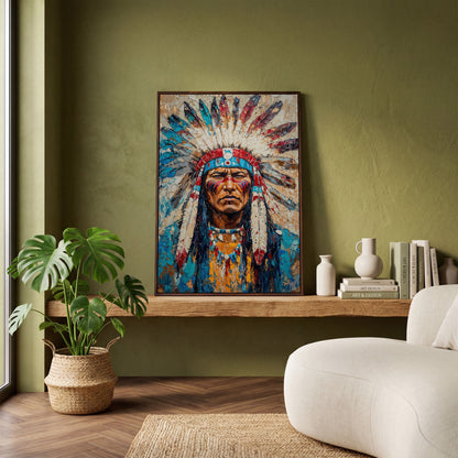 Native American Chief Portrait Canvas in Turquoise & Ochre in dark walnut floating frame