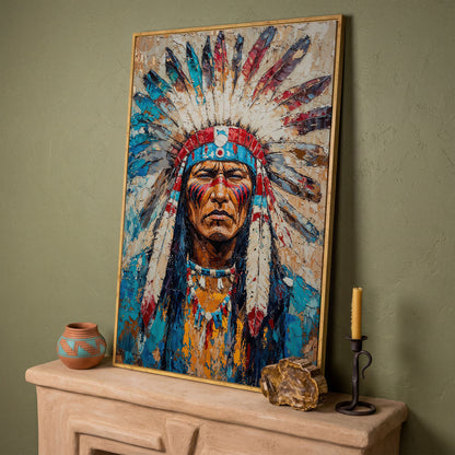 Native American Chief Portrait Canvas in Turquoise & Ochre in white oak floating frame