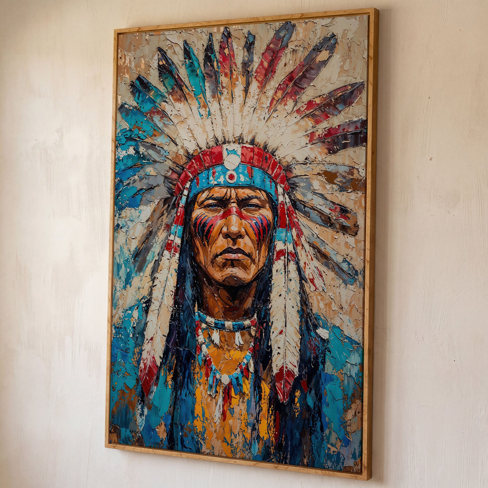Native American Chief Portrait Canvas in Turquoise & Ochre shown in white oak floating frame