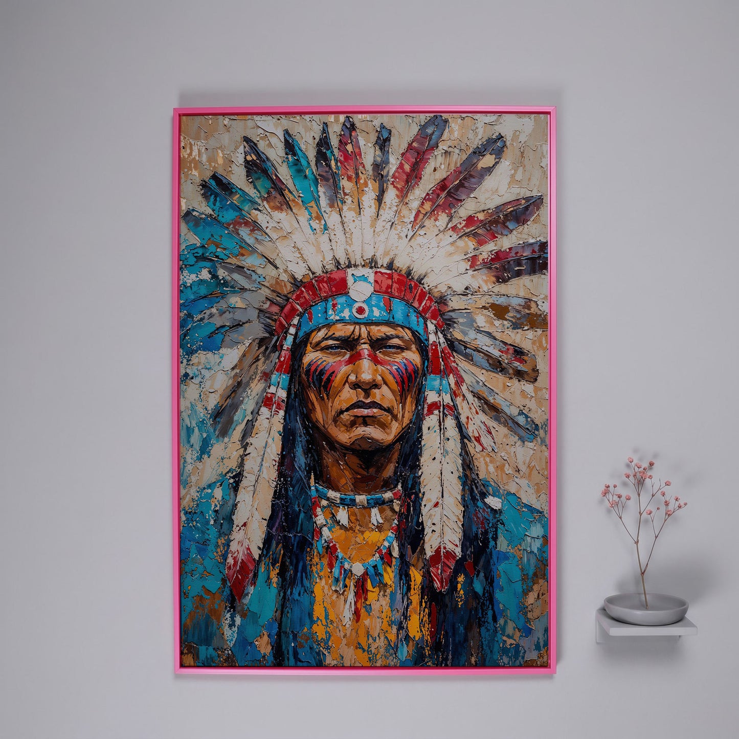 Native American Chief Portrait Canvas in Turquoise & Ochre in pink floating frame