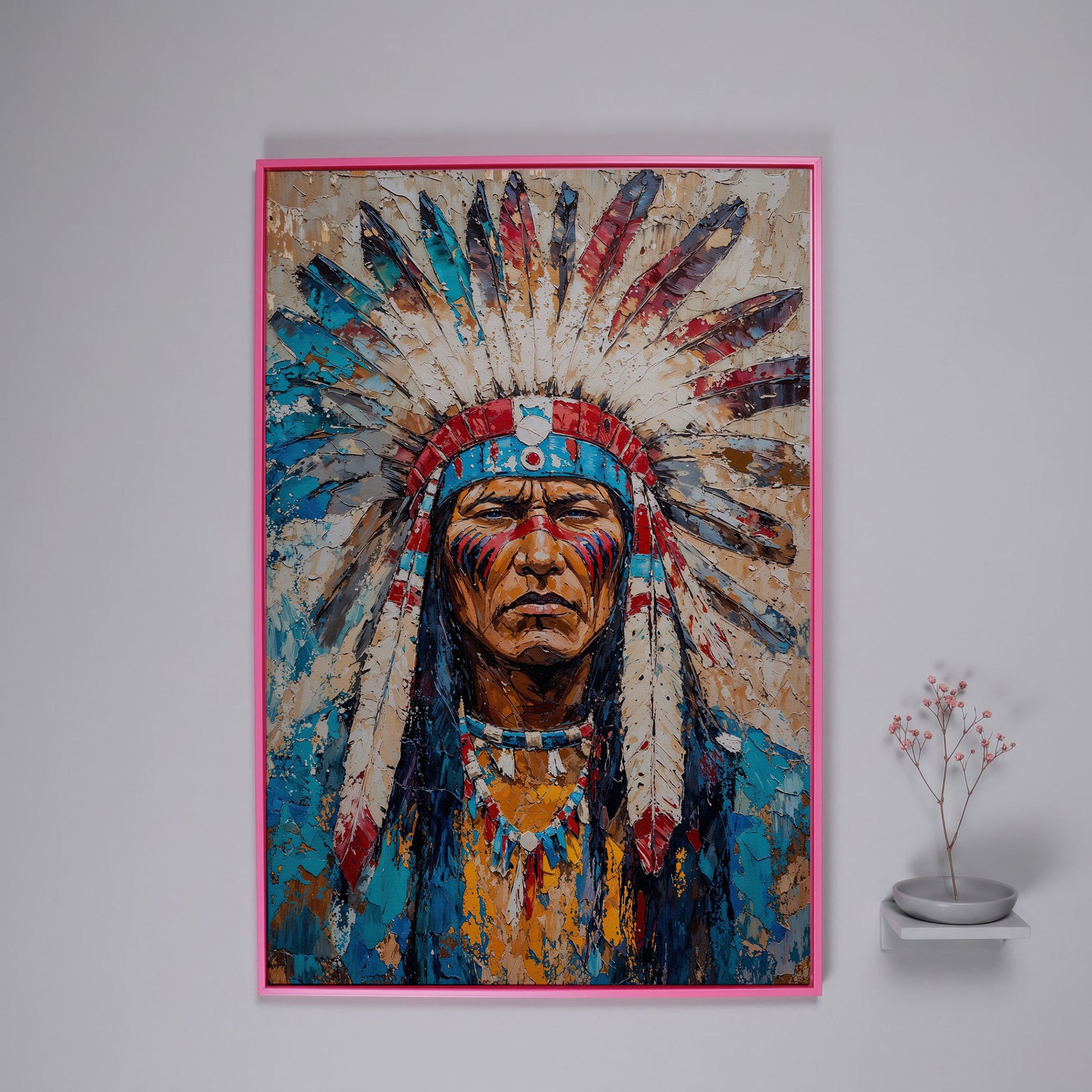 Native American Chief Portrait Canvas in Turquoise & Ochre in pink floating frame
