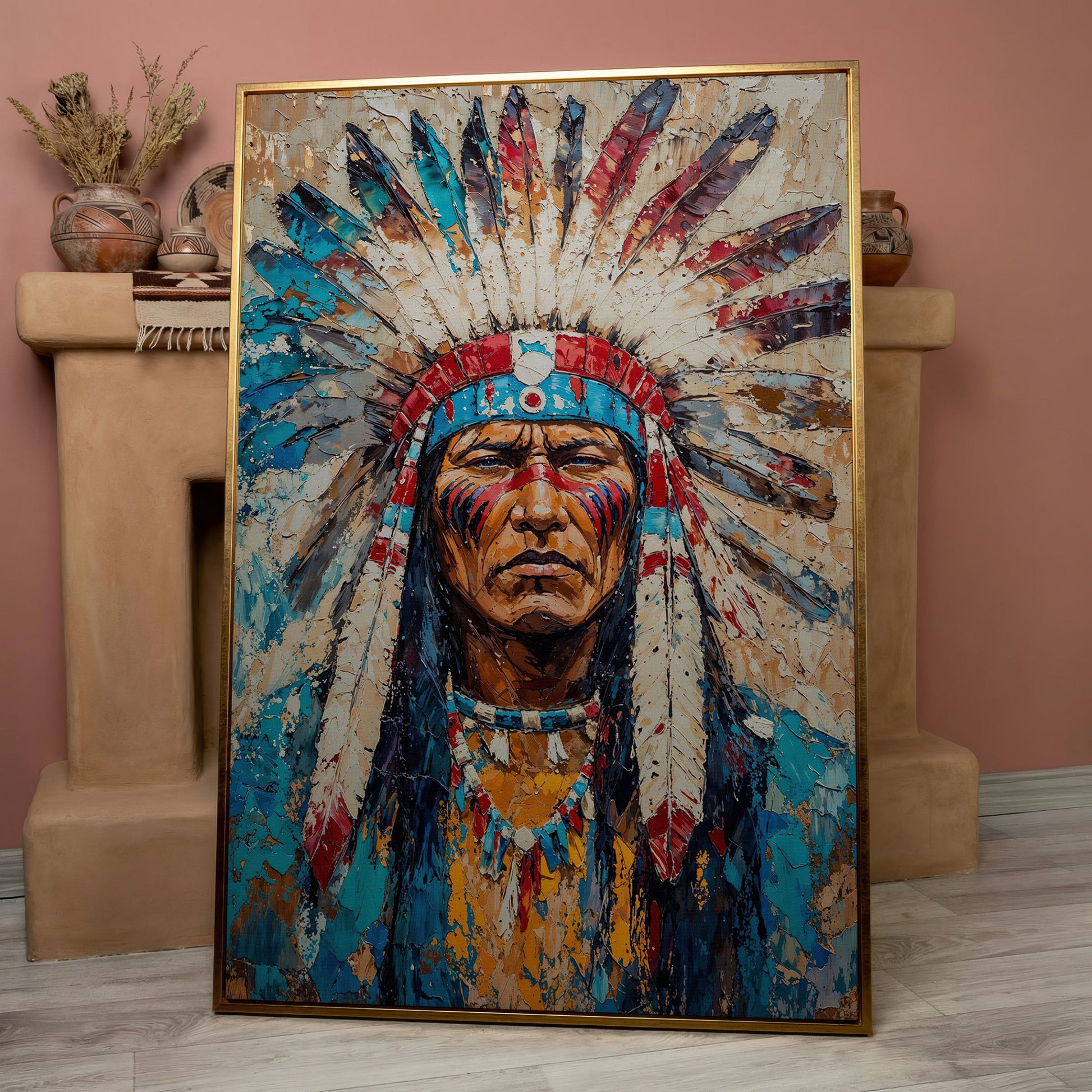 Native American Chief Portrait Canvas in Turquoise & Ochre in rose gold floating frame