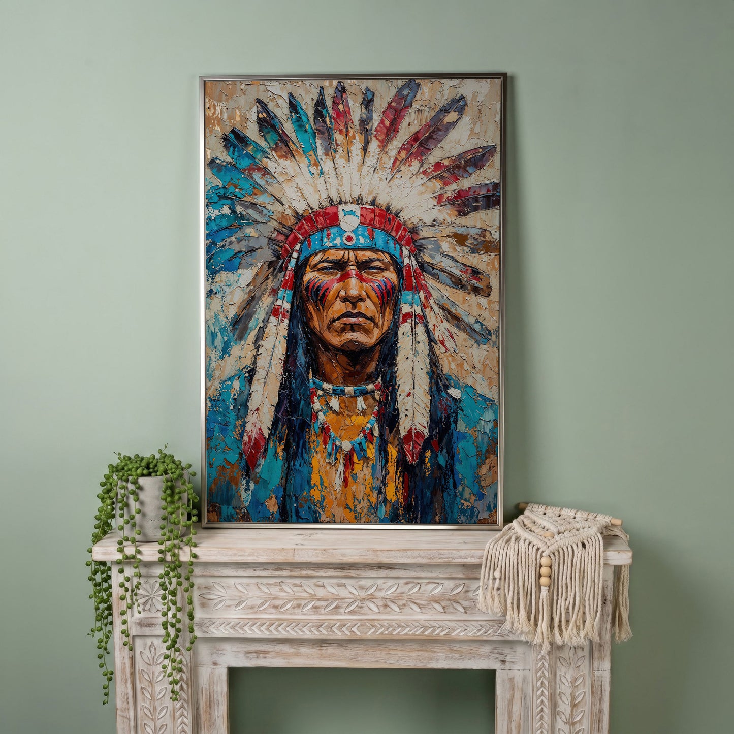 Native American Chief Portrait Canvas in Turquoise & Ochre in silver floating frame