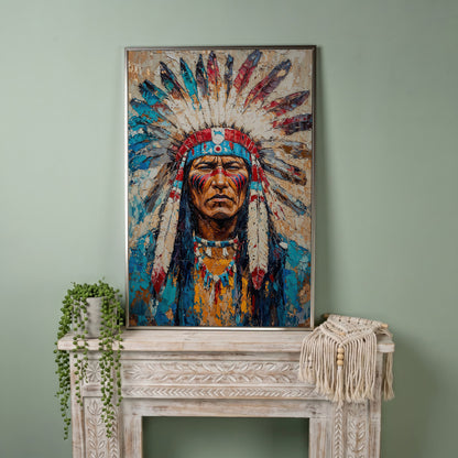 Native American Chief Portrait Canvas in Turquoise & Ochre in silver floating frame