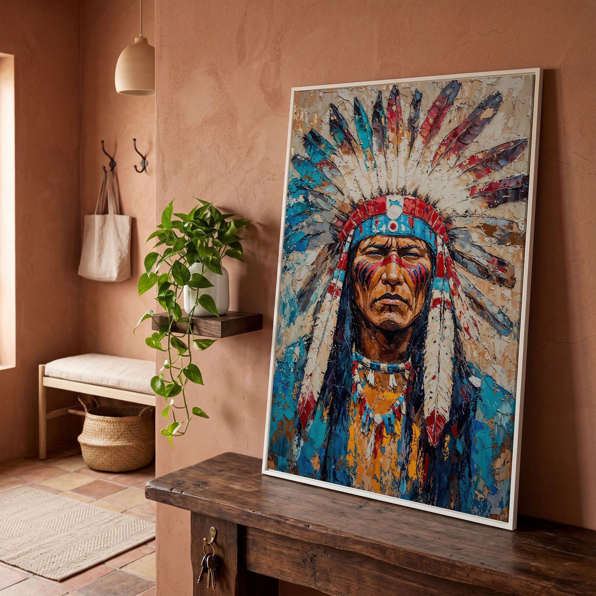 Native American Chief Portrait Canvas in Turquoise & Ochre in white floating frame
