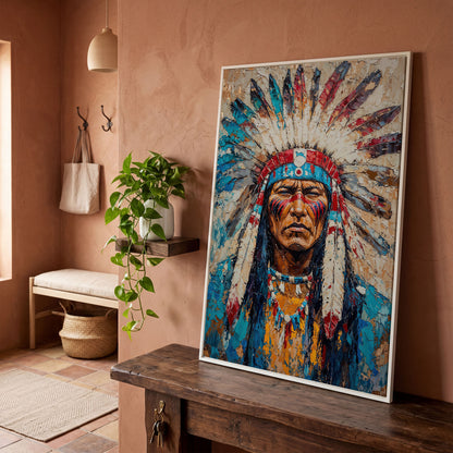Native American Chief Portrait Canvas in Turquoise & Ochre in white floating frame