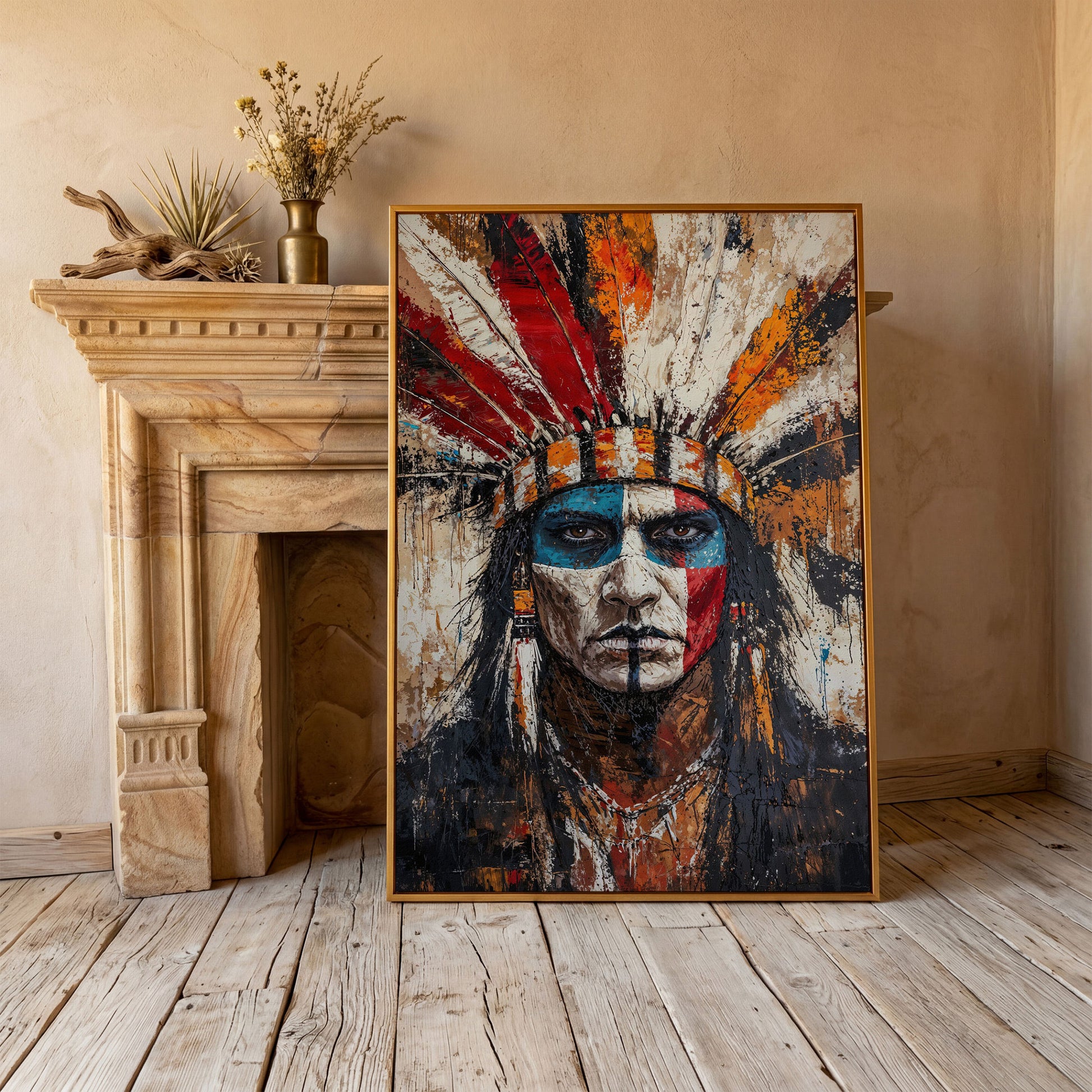 Indigenous Warrior Portrait Canvas in antique gold floating frame