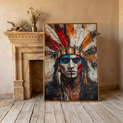 Indigenous Warrior Portrait Canvas in antique gold floating frame