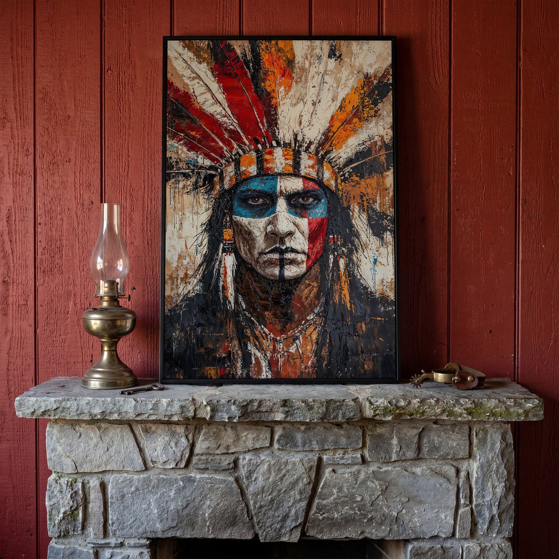 Indigenous Warrior Portrait Canvas in black floating frame