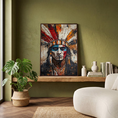 Indigenous Warrior Portrait Canvas in dark walnut floating frame