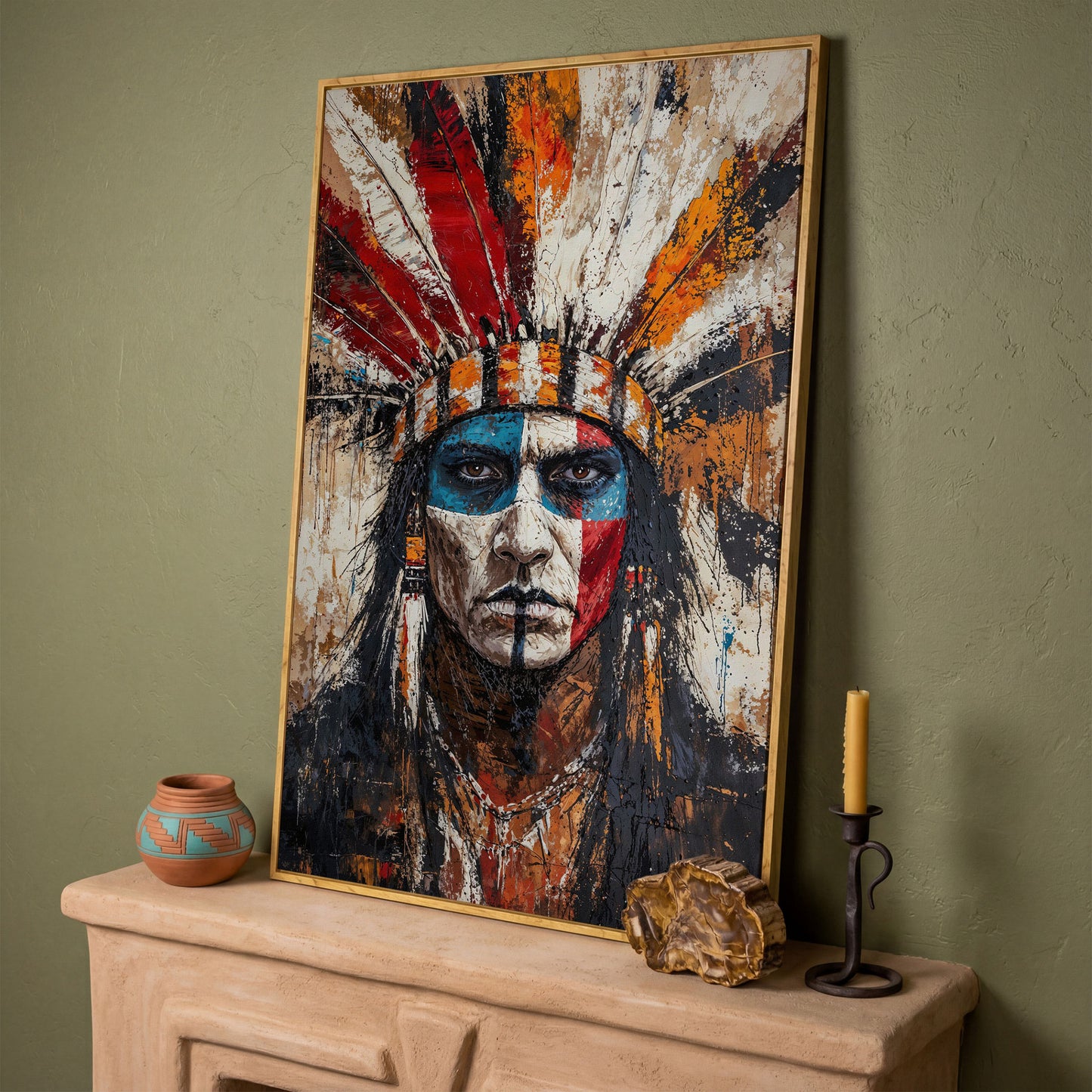 Indigenous Warrior Portrait Canvas in white oak floating frame