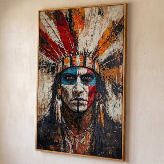 Indigenous Warrior Portrait Canvas shown in white oak floating frame