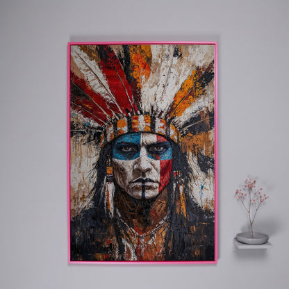Indigenous Warrior Portrait Canvas in pink floating frame