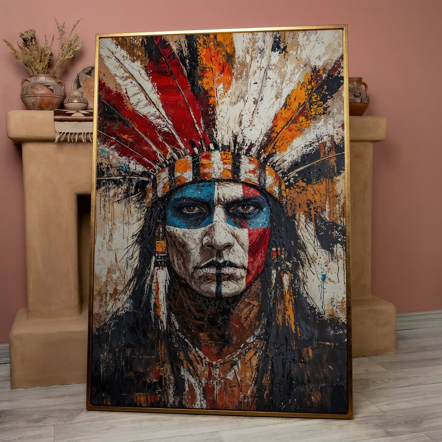 Indigenous Warrior Portrait Canvas in rose gold floating frame