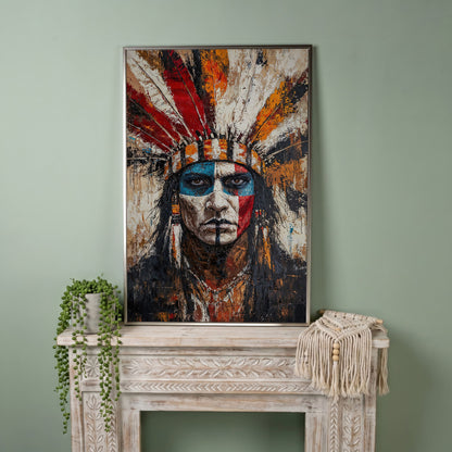 Indigenous Warrior Portrait Canvas in silver floating frame
