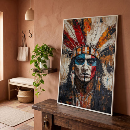 Indigenous Warrior Portrait Canvas in white floating frame