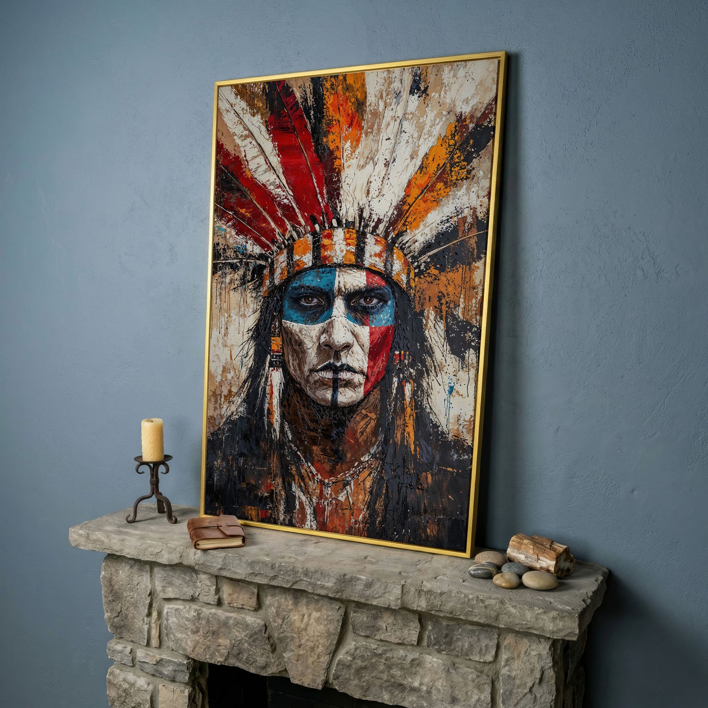 Indigenous Warrior Portrait Canvas in yellow gold floating frame