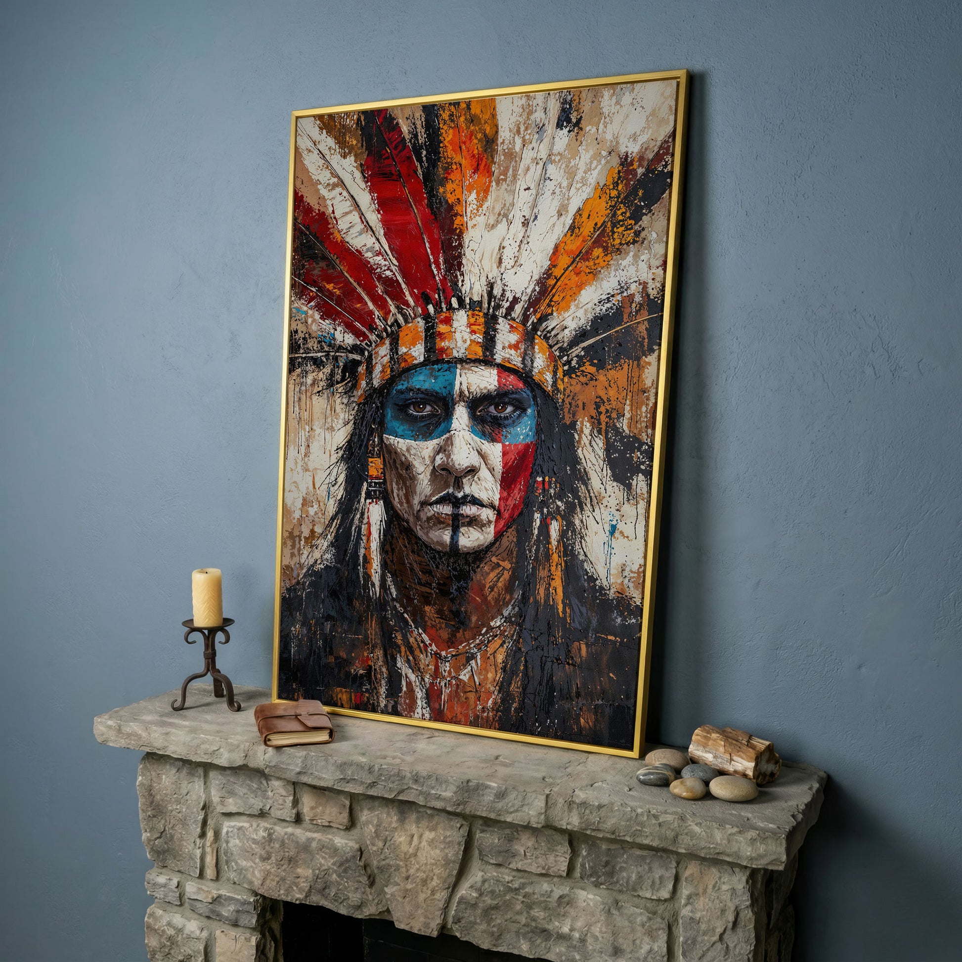 Indigenous Warrior Portrait Canvas in yellow gold floating frame