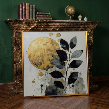 Abstract Gold Sun and Leaves Canvas in antique gold floating frame